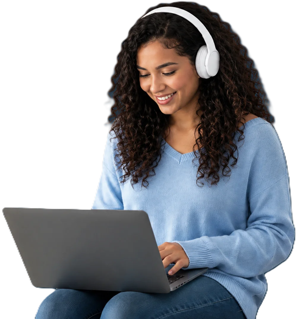 Mulher sorrindo enquanto usa o notebook, em contexto profissional